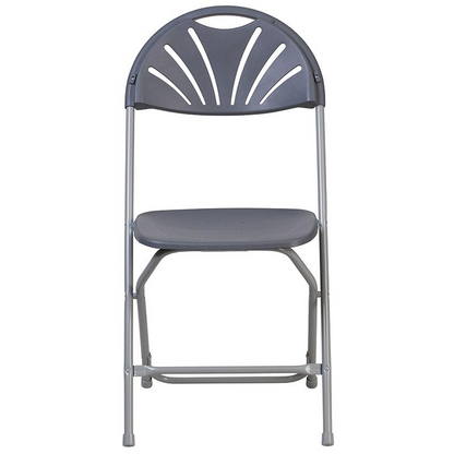 Start2Finish Hercules Series 650 lb. Capacity charcoal plastic fan back folding chair, showing the sturdy seat and folding frame.