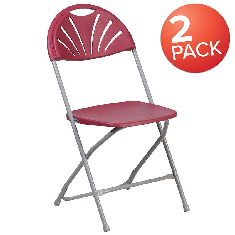 Two burgundy HERCULES Series plastic folding chairs with fan back design and 650 lb. capacity from Start2Finish.