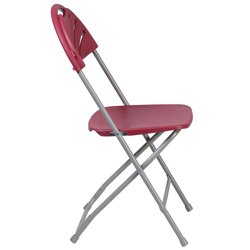 Two burgundy HERCULES Series plastic fan back folding chairs with metal frames, 650 lb. capacity, from Start2Finish.
