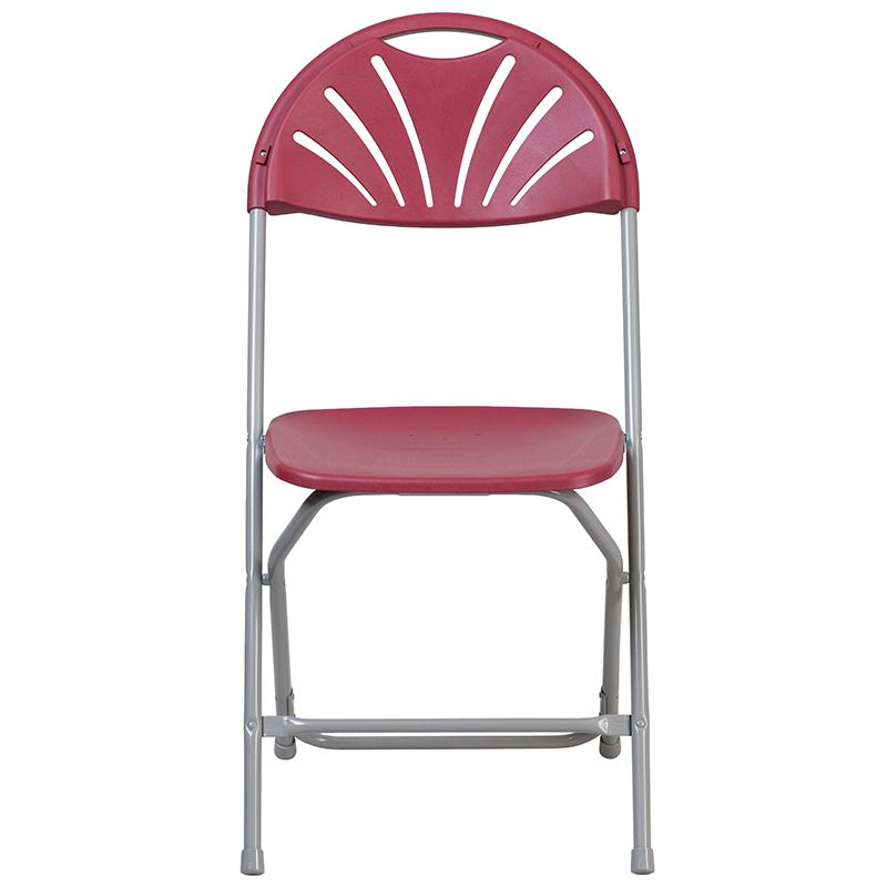 Two burgundy HERCULES Series plastic folding chairs with fan back design, 650 lb. capacity, by Start2Finish, lightweight and durable furniture.