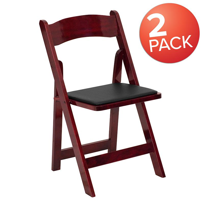 Two HERCULES Series mahogany wood folding chairs with vinyl padded seats, ideal for versatile, comfortable seating.