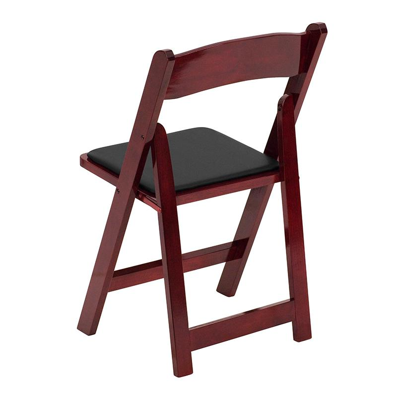 Two HERCULES Series mahogany wood folding chairs with vinyl padded seats, featuring sturdy frames and comfortable seating.