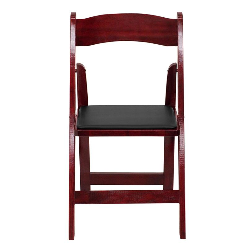Two HERCULES Series mahogany wood folding chairs with vinyl padded seats, ideal for versatile furniture use.