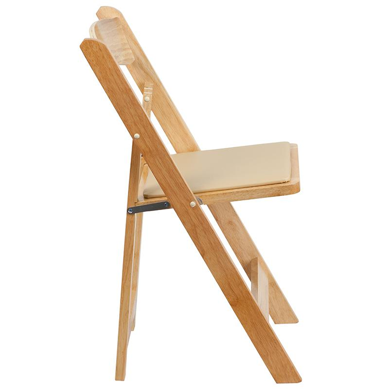 Two Start2Finish Hercules Series natural wood folding chairs with vinyl padded seats, suitable for versatile home or event seating.