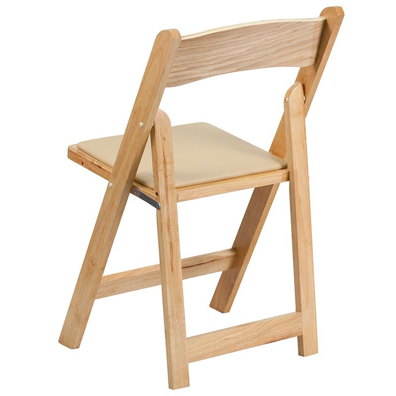 Two HERCULES Series natural wood folding chairs with vinyl padded seats, featuring sturdy construction and comfortable seating.