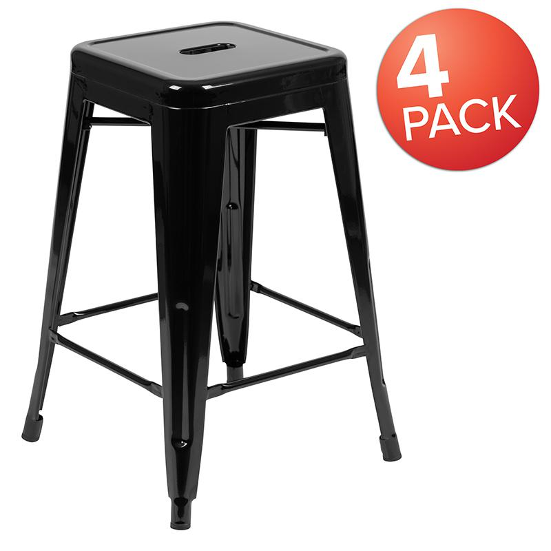 Set of four black 24-inch metal counter-height bar stools by Start2Finish, stackable indoor seating with modern design.