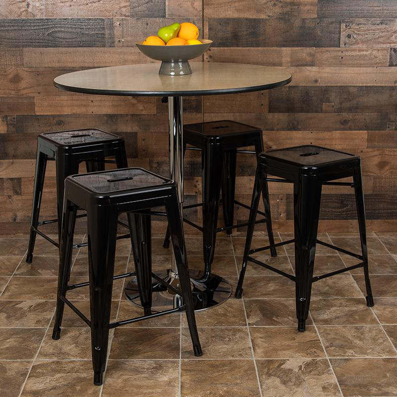 Set of four black 24-inch metal counter-height indoor bar stools by Start2Finish, stackable and stylish for modern kitchens