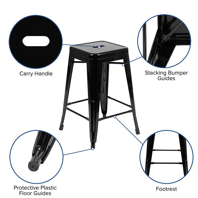 Set of four black 24-inch metal counter-height bar stools by Start2Finish, stackable indoor seating with modern design.