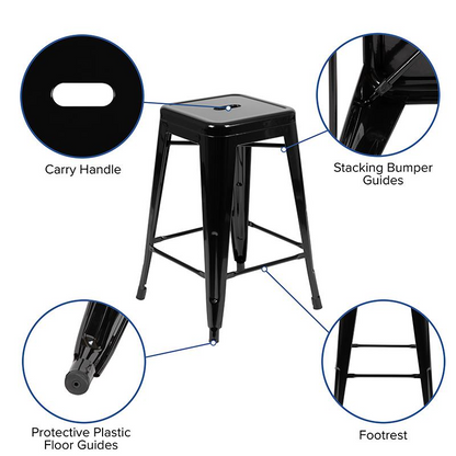 Set of four black 24-inch metal counter-height bar stools by Start2Finish, stackable indoor seating with modern design.