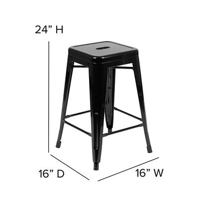 Set of four black 24-inch metal counter-height indoor bar stools by Start2Finish, stackable and modern for kitchen or bar area.