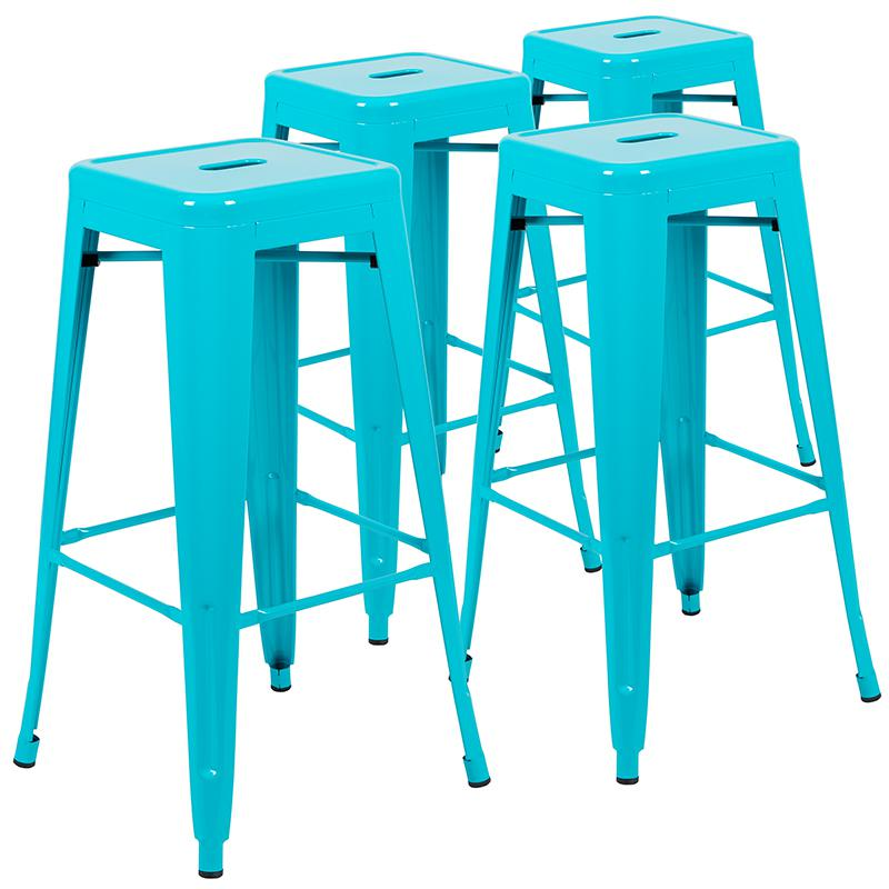 Set of four 30-inch teal metal indoor bar stools by Start2Finish, stackable with modern design and backless construction.