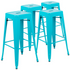 Set of four 30-inch teal metal indoor bar stools by Start2Finish, stackable with modern design and backless construction.