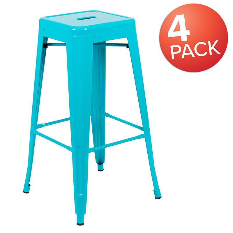 Set of four 30-inch teal metal indoor bar stools by Start2Finish, stackable with modern design and sturdy metal construction.