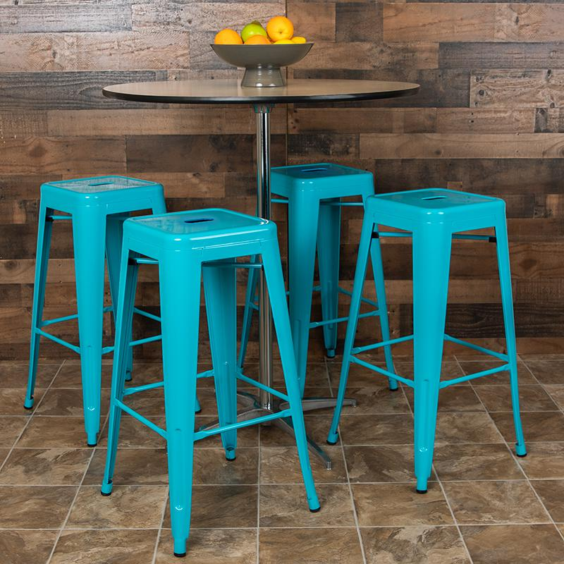 Set of four 30-inch teal metal indoor bar stools by Start2Finish, stackable with modern design and sturdy construction.