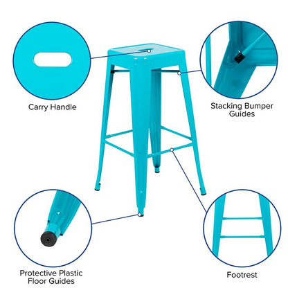 Set of four 30-inch teal metal indoor bar stools by Start2Finish, stackable with modern design and sturdy construction.