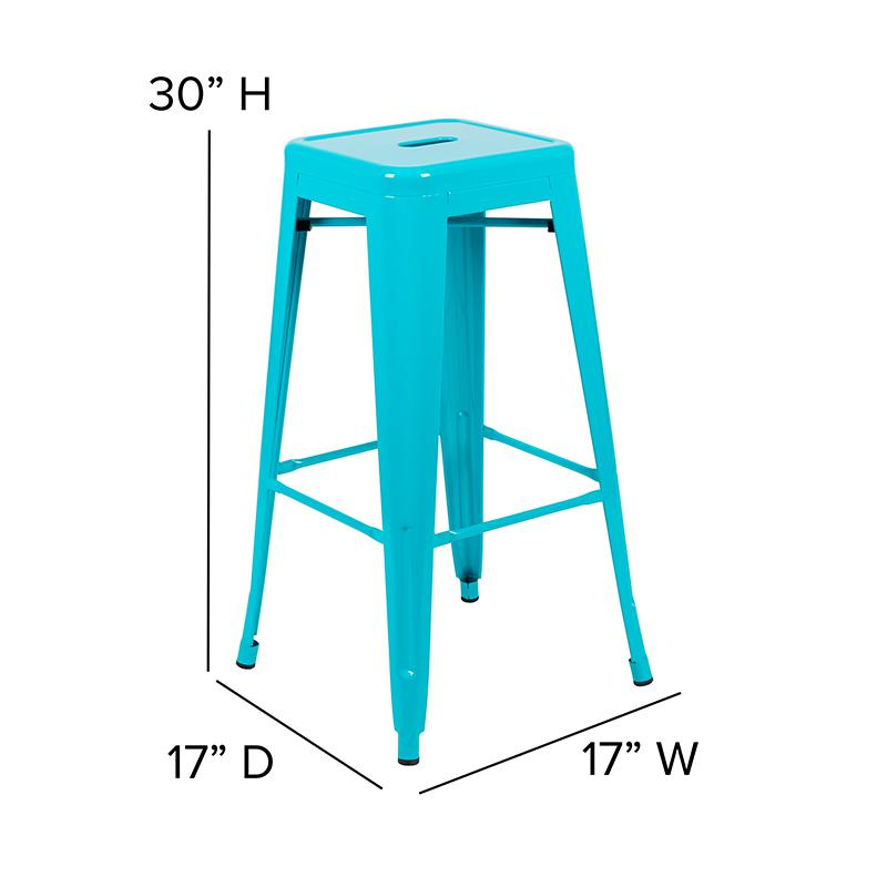 Set of four 30-inch teal metal indoor bar stools by Start2Finish, stackable and modern for stylish home bar seating