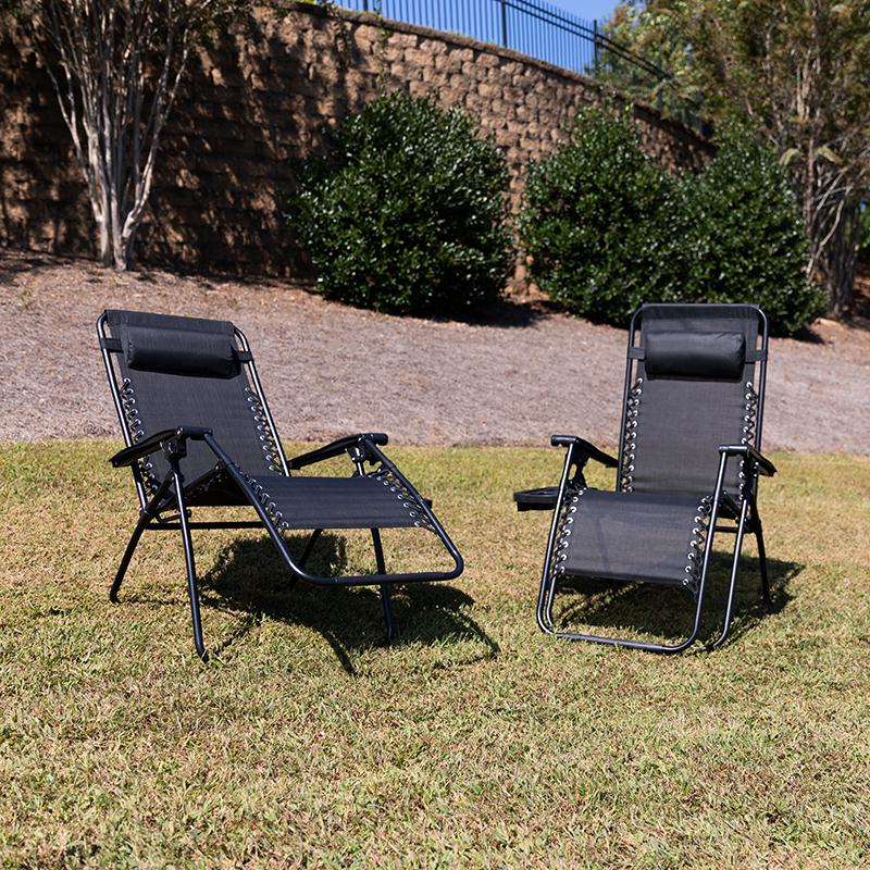 Pair of black Start2Finish adjustable mesh zero gravity lounge chairs with pillows and cup holder trays, set of 2.