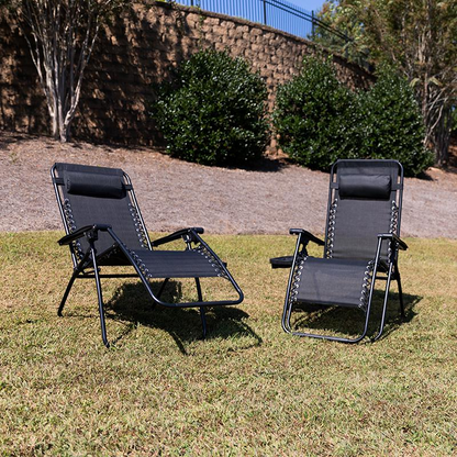 Pair of black Start2Finish adjustable mesh zero gravity lounge chairs with pillows and cup holder trays, set of 2.