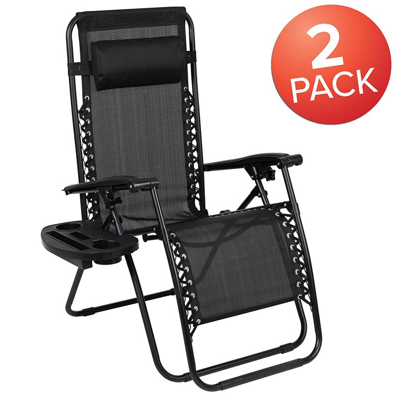 Set of two black adjustable mesh zero gravity lounge chairs with pillows and cup holder trays by Start2Finish