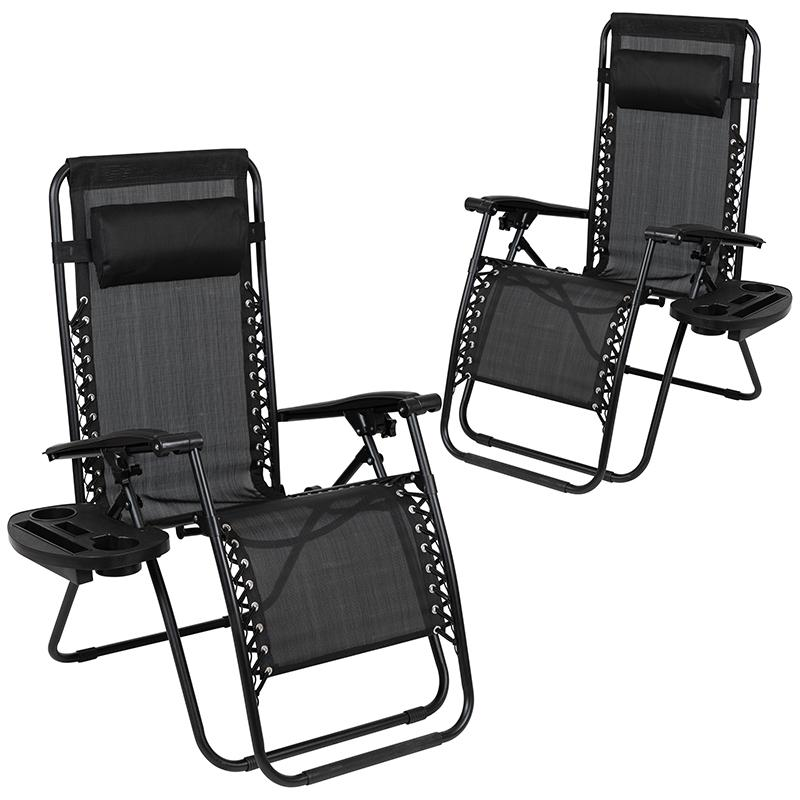Start2Finish black adjustable mesh zero gravity recliner lounge chair with pillow and cup holder, set of 2