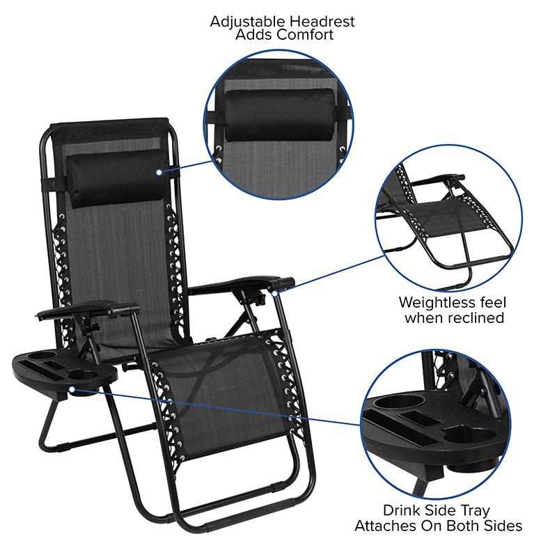 Pair of black Start2Finish adjustable mesh zero gravity lounge chairs with pillows and cup holder trays, set of two.