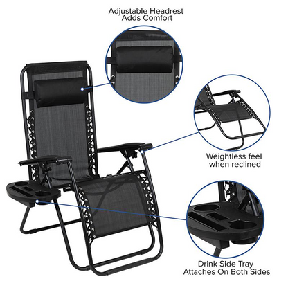 Pair of black Start2Finish adjustable mesh zero gravity lounge chairs with pillows and cup holder trays, set of two.