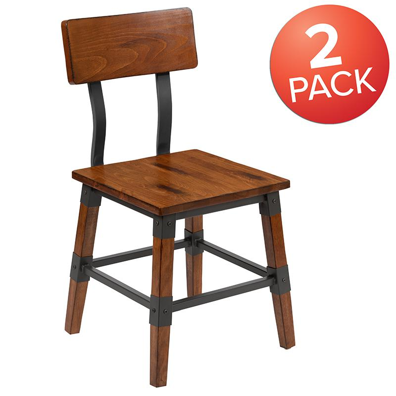 Two rustic antique walnut industrial wood dining chairs with metal frames, showcasing a vintage-inspired design.