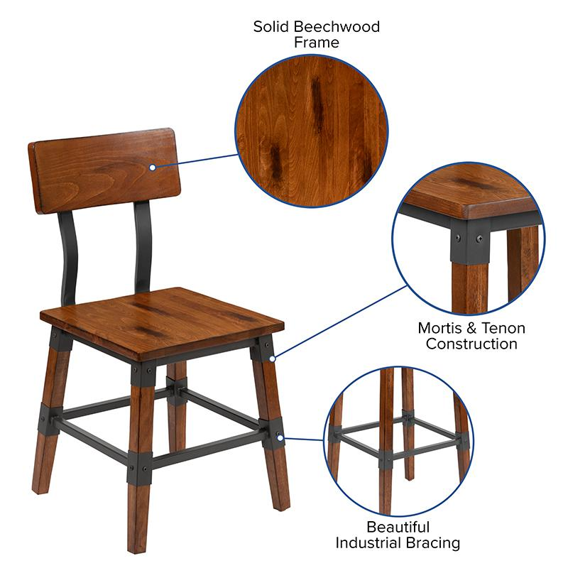 Two rustic antique walnut industrial wood dining chairs with metal legs, featuring a sturdy design and vintage-inspired style.