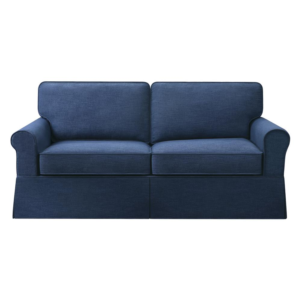 Navy fabric slip cover sofa by Start2Finish, showing the fitted cover on a modern furniture piece with plush cushions.