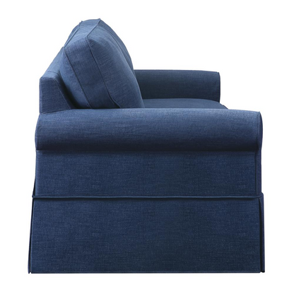 Navy fabric sofa slip cover from Start2Finish, showing fitted furniture cover on a sofa with a smooth, tailored appearance.