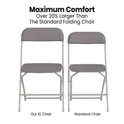 Gray Hercules™ Series 4-pack plastic folding chairs with contoured comfort, heavy-duty design, and 650lb weight capacity.