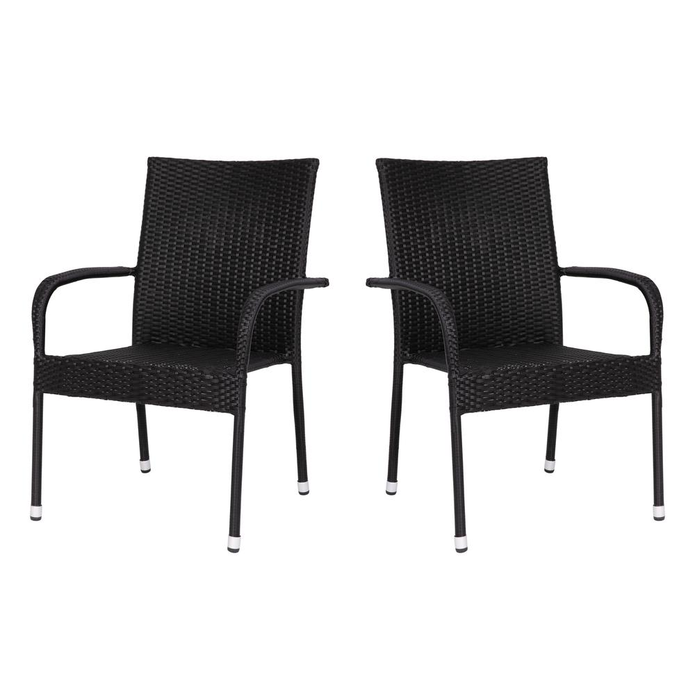 Set of 2 black wicker indoor/outdoor dining chairs with arms, weather-resistant steel frames, stackable, and fade-resistant.