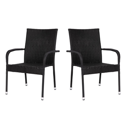 Set of 2 black wicker indoor/outdoor dining chairs with arms, weather-resistant steel frames, stackable, and fade-resistant.