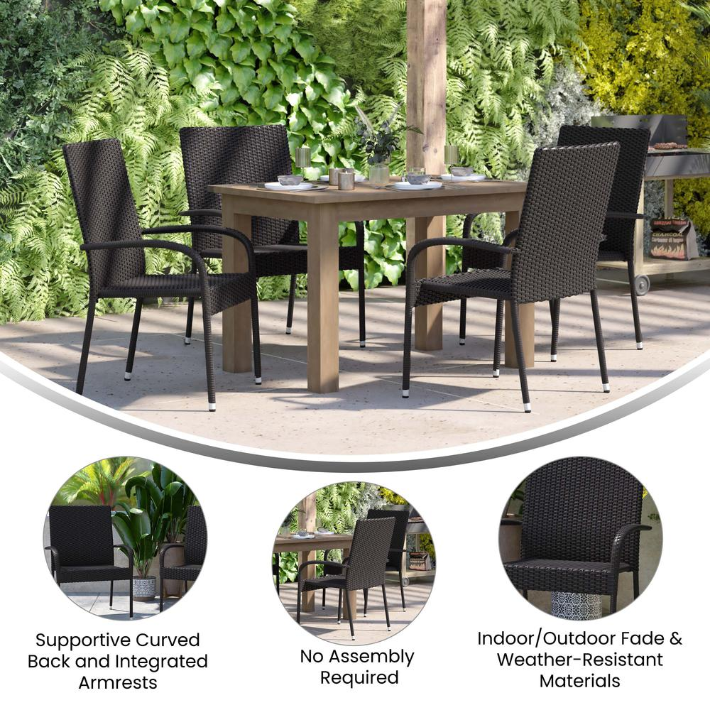 Set of 2 black wicker indoor/outdoor dining chairs with armrests, weather-resistant steel frames by Start2Finish.