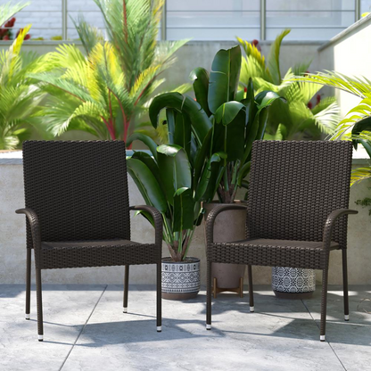 Stackable indoor/outdoor wicker dining chairs with arms, espresso finish, weather-resistant steel frames, by Start2Finish.