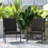 Stackable indoor/outdoor wicker dining chairs with arms, espresso finish, weather-resistant steel frames, by Start2Finish.