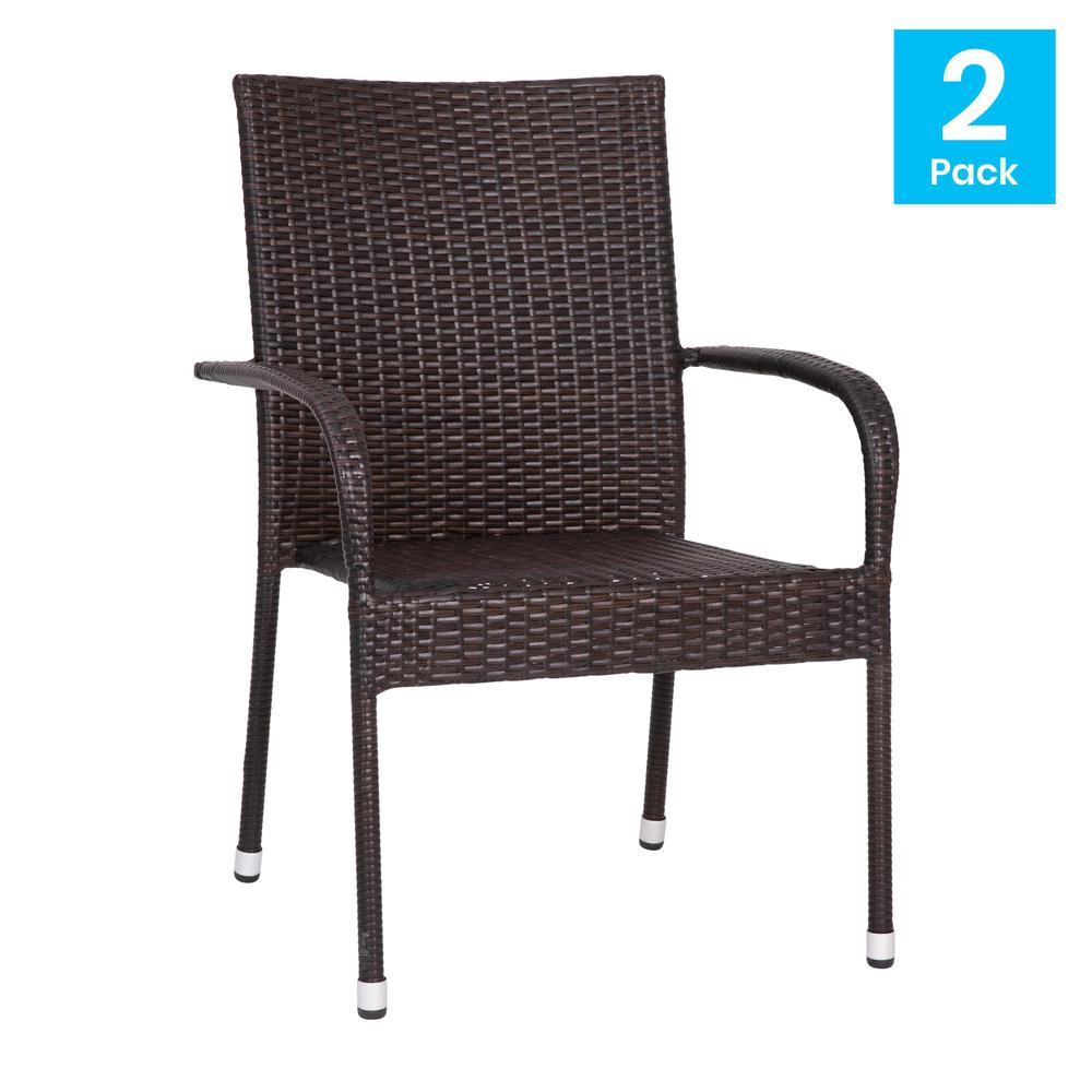 Set of two dark brown wicker indoor/outdoor dining chairs with arms, weather-resistant steel frames, and stackable design.