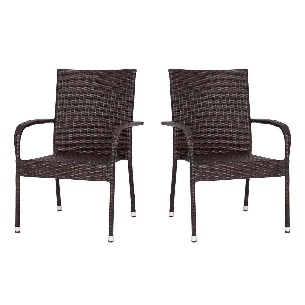 Pair of Start2Finish wicker dining chairs with arms, stackable indoor/outdoor furniture, weather-resistant steel frames, in espresso color.