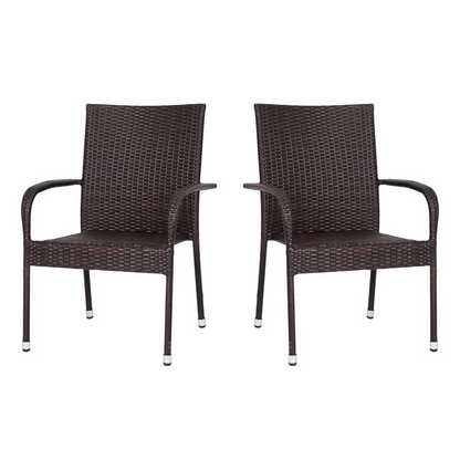 Pair of Start2Finish wicker dining chairs with arms, stackable indoor/outdoor furniture, weather-resistant steel frames, in espresso color.