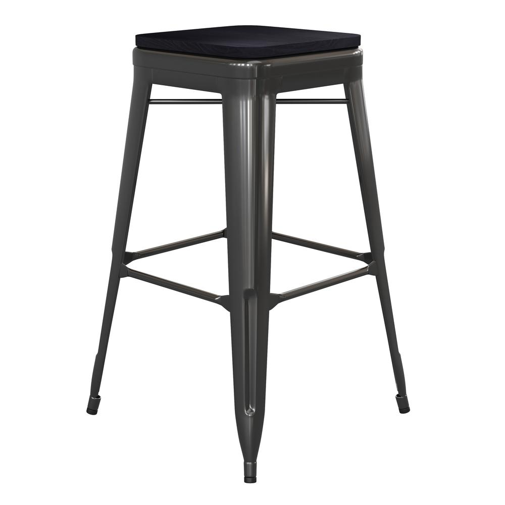 Set of 4 silver metal indoor counter height stools with gray all-weather poly resin seats, high backless design by Start2Finish