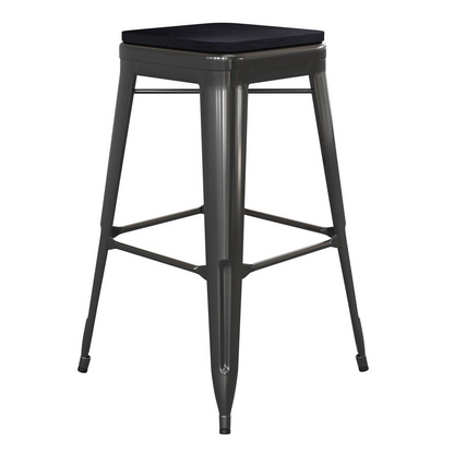 Set of 4 silver metal indoor counter height stools with gray all-weather poly resin seats, high backless design by Start2Finish
