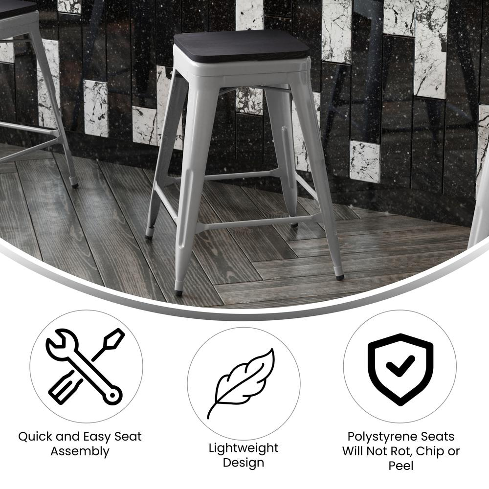 Set of four Start2Finish silver metal counter height stools with gray weather-resistant poly resin seats, indoor commercial grade design