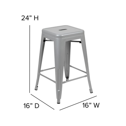 Set of 4 Start2Finish commercial silver metal counter height stools with backless design and gray all-weather poly resin seats