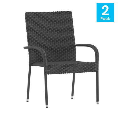 Set of 2 gray stackable wicker dining chairs with arms, weather-resistant steel frames for indoor or outdoor use.