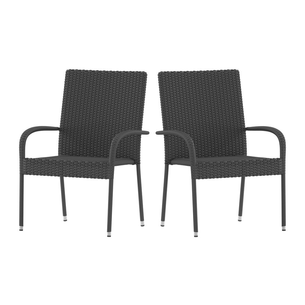 Pair of gray Start2Finish stackable wicker dining chairs with arms, weather-resistant steel frames, suitable for indoor or outdoor use.