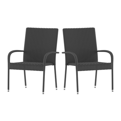 Pair of gray Start2Finish stackable wicker dining chairs with arms, weather-resistant steel frames, suitable for indoor or outdoor use.