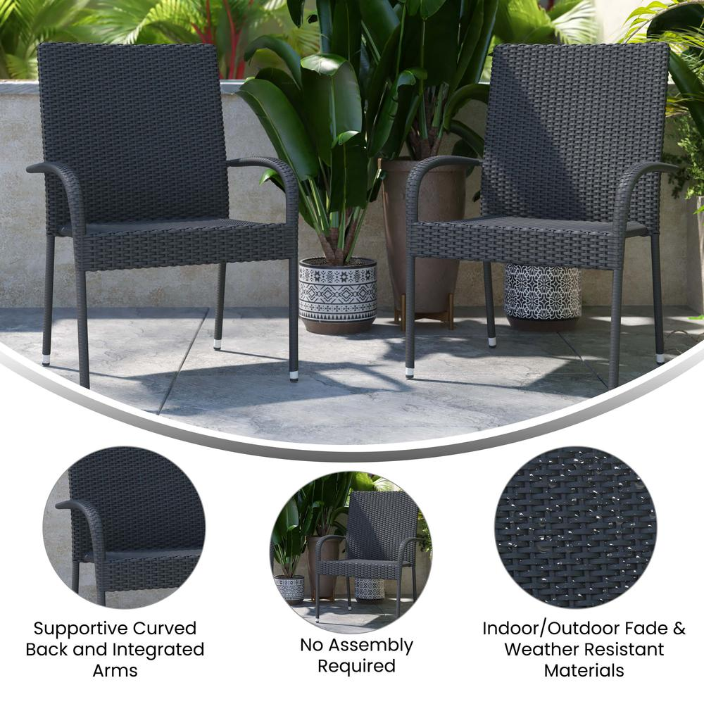 Stackable gray wicker indoor/outdoor dining chairs with arms and weather-resistant steel frames by Start2Finish.