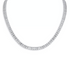 18-inch emerald-cut created moissanite tennis necklace in 14K gold overlay with 30 carats total weight, displayed on a jewelry stand.