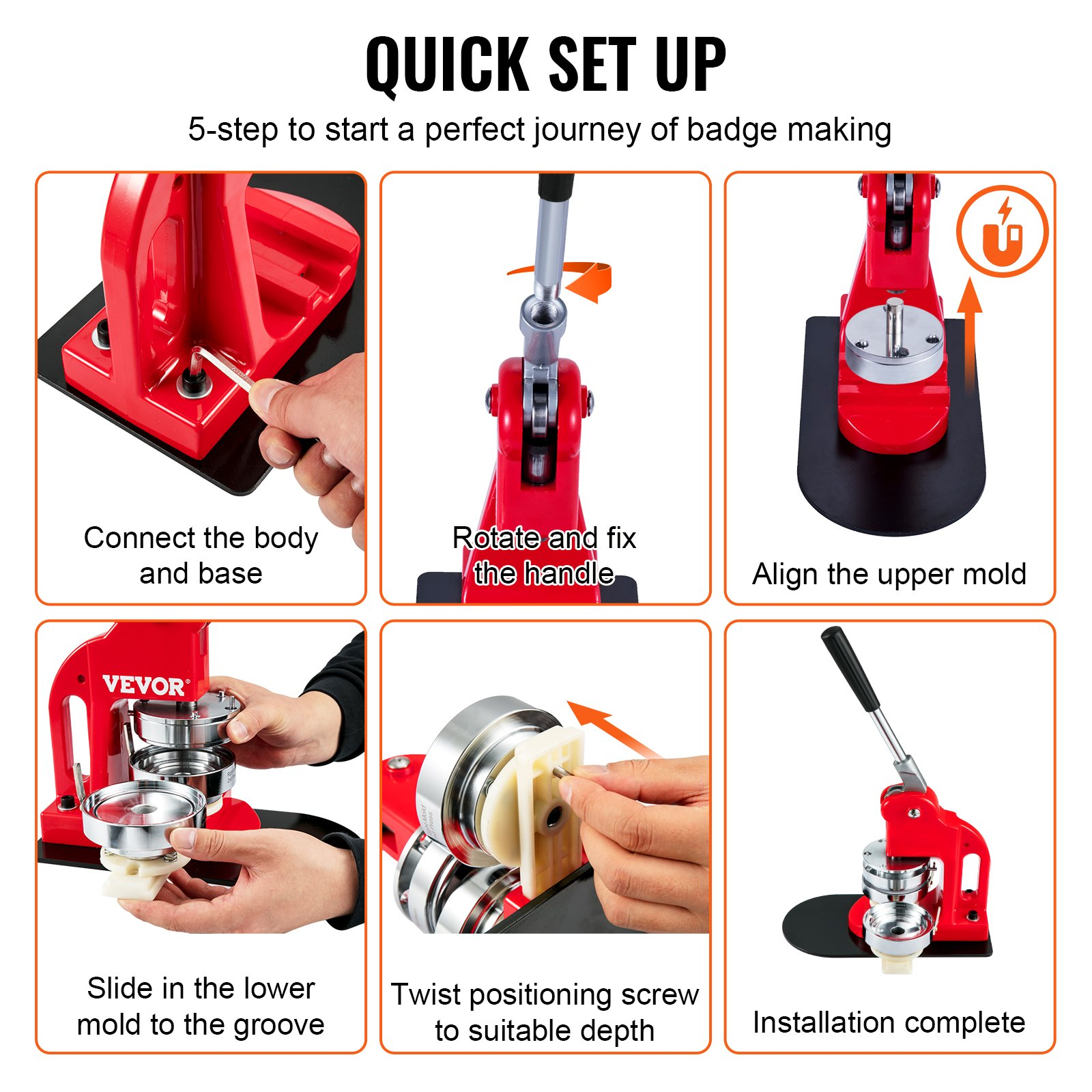 Start2Finish VEVOR 32mm button maker machine with badge punch press kit, 500 button parts, circle cutter, and DIY gift accessories.