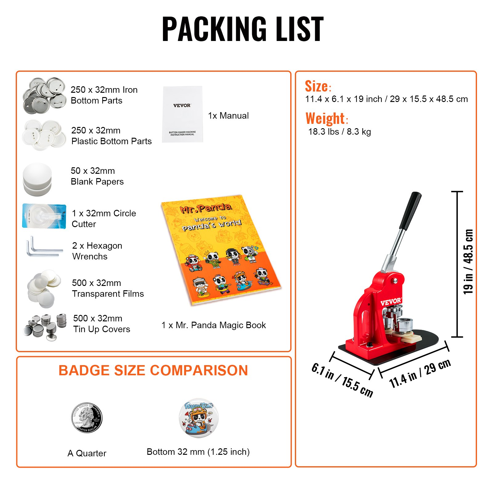 Start2Finish VEVOR 32mm button maker machine with badge punch press kit, includes 500 button parts, circle cutter, and DIY gift supplies.